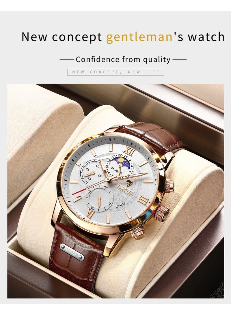 LIGE Waterproof Watches for Men Analog Quartz Watch for Business with Luxury Leather Strap Rose Gold White - Image 4